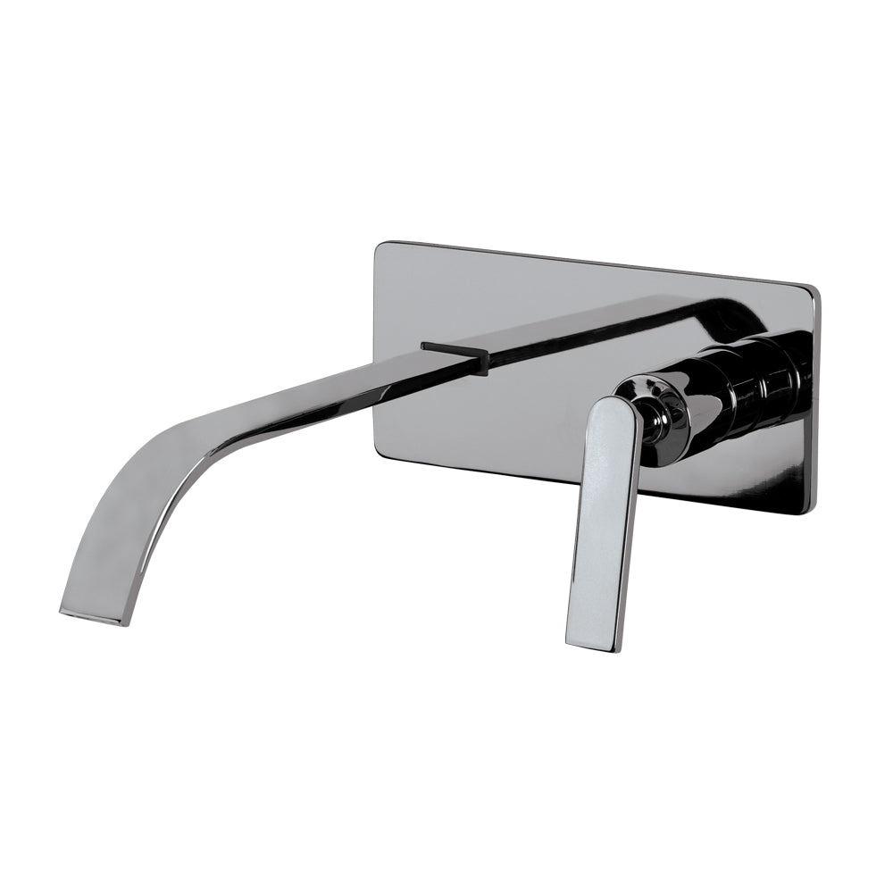 ROUGH - Wall-mount two-hole faucet with one lever handle on the right, with backplate. Includes rough-in and trim. Water flow rate: 4.2 gpm at 60 psi.
