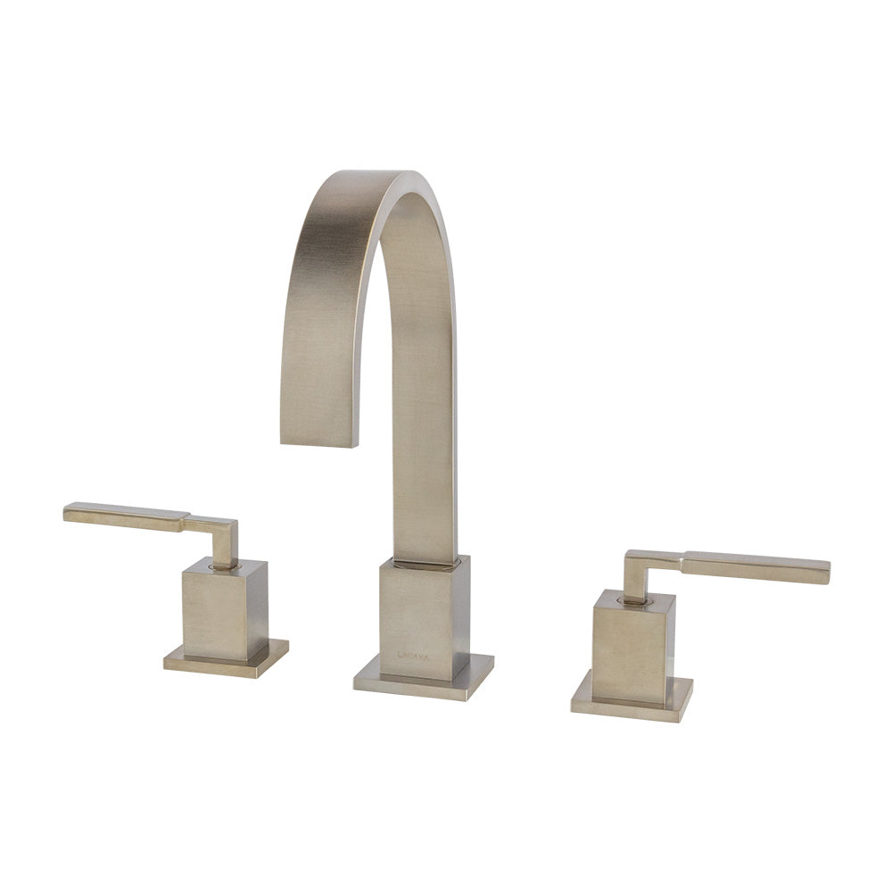 Deck-mount three-hole faucet with an arch spout featuring natural water flow, two lever handles, pop-up deain included. Water flow rate: 1 gpm pressure compensating regulator.