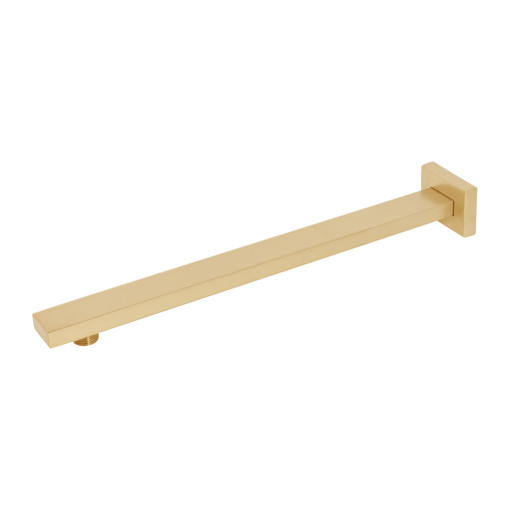 Wall-mount rectangular shower arm with flange. D: 14 3/8", H: 1 1/8".
