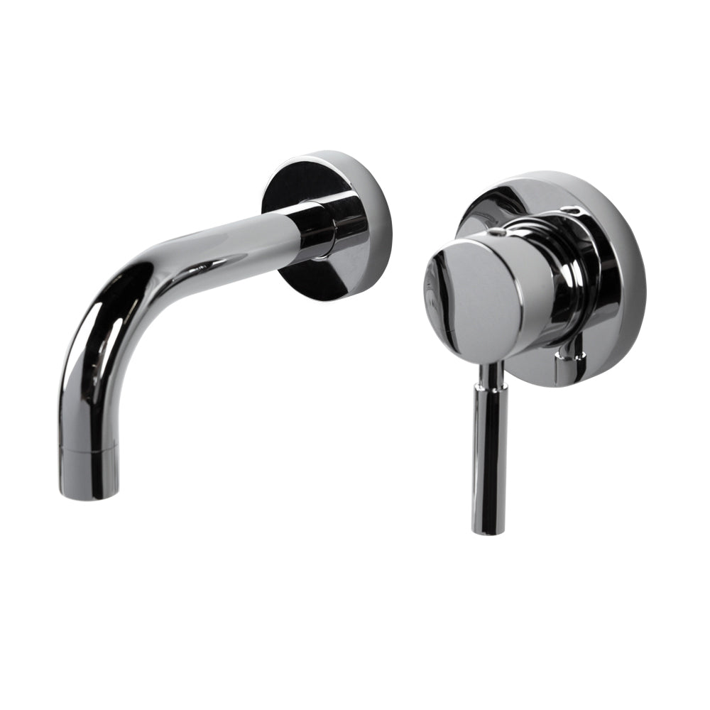 TRIM - Wall-mount two-hole faucet with one lever handle on the right, no backplate. Includes rough-in and trim. Water flow rate: 1 gpm pressure compensating aerator. 9" spout