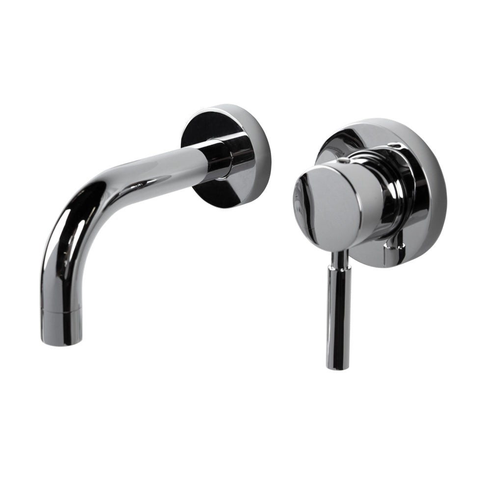 ROUGH - Wall-mount two-hole faucet with one lever handle on the right, no backplate. Includes rough-in and trim. Water flow rate: 1 gpm pressure compensating aerator. 9" spout - Maison&Co.