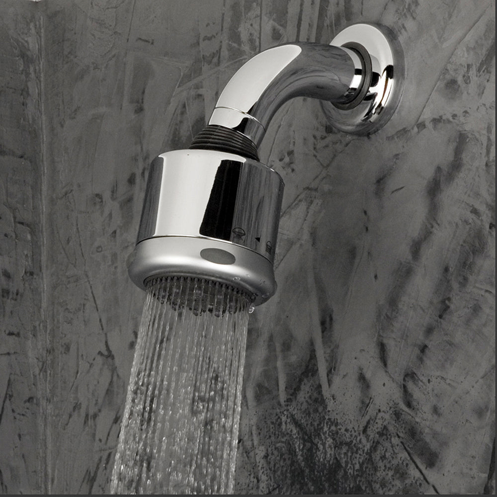 Wall-mount tilting round shower head with arm and flange, three jets.