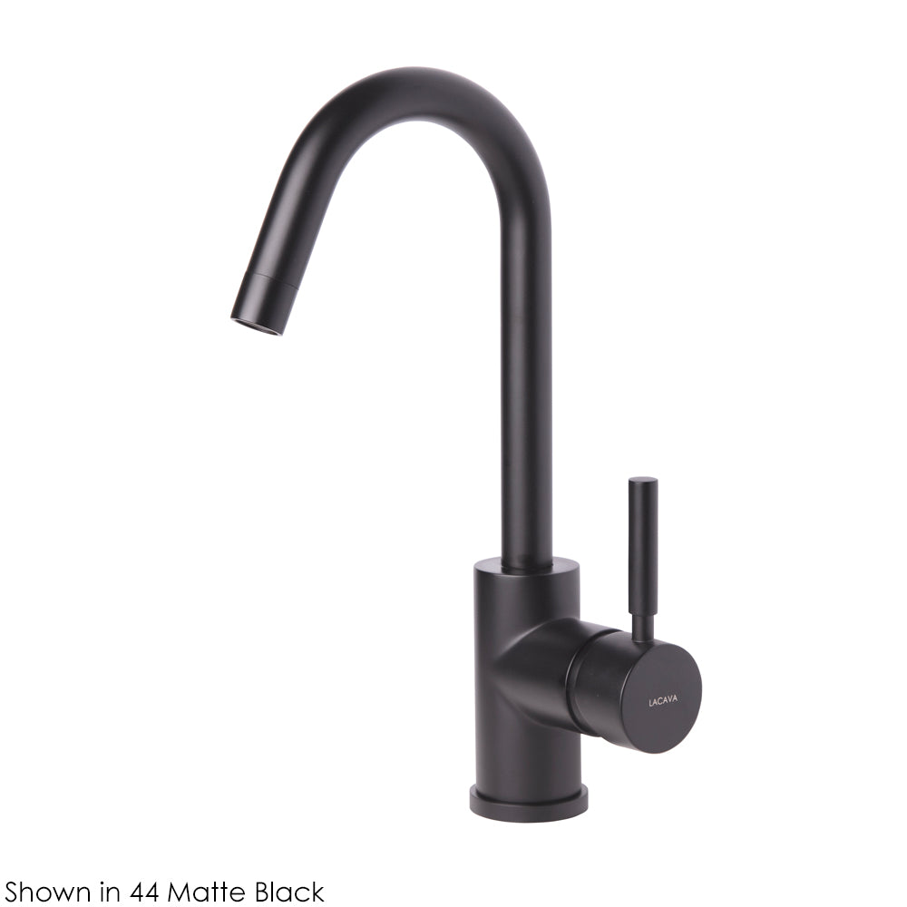 Deck-mount single-hole faucet with a goose-neck swiveling spout, one lever handle, and a pop-up drain. 5 1/4" spout projection. Water flow rate: 1 gpm pressure compensating aerator.