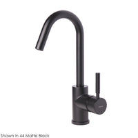 Deck-mount single-hole faucet with a goose-neck swiveling spout, one lever handle, and a pop-up drain. 5 1/4" spout projection. Water flow rate: 1 gpm pressure compensating aerator. - Maison&Co.