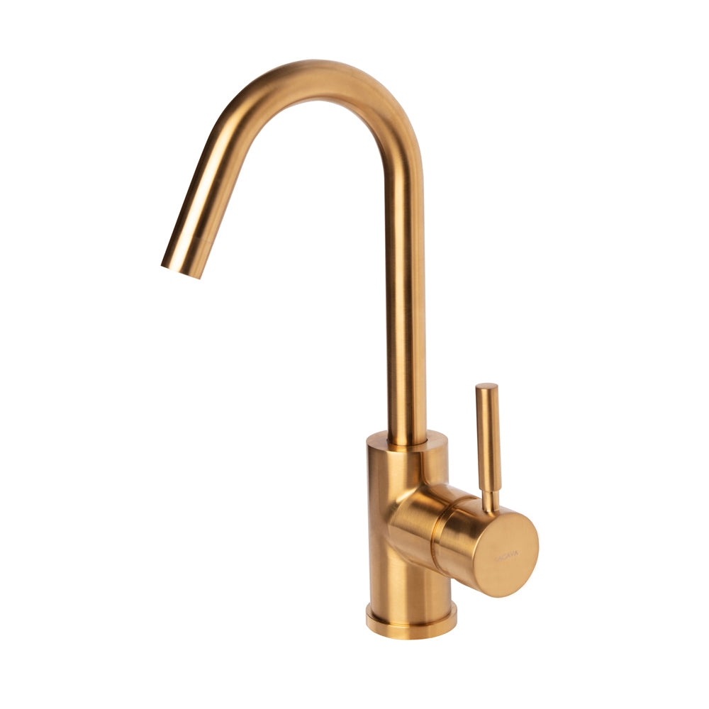 Deck-mount single-hole faucet with a goose-neck swiveling spout, one lever handle, and a pop-up drain. 5 1/4" spout projection. Water flow rate: 1 gpm pressure compensating aerator.