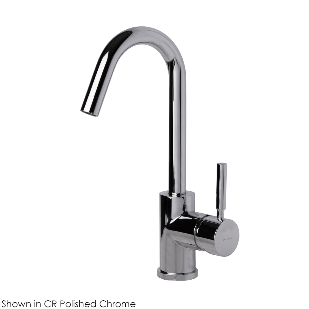 Deck-mount single-hole faucet with a goose-neck swiveling spout, one lever handle, and a pop-up drain. 5 1/4" spout projection. Water flow rate: 1 gpm pressure compensating aerator. - Maison&Co.