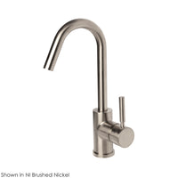 Deck-mount single-hole faucet with a goose-neck swiveling spout, one lever handle, and a pop-up drain. 5 1/4" spout projection. Water flow rate: 1 gpm pressure compensating aerator. - Maison&Co.