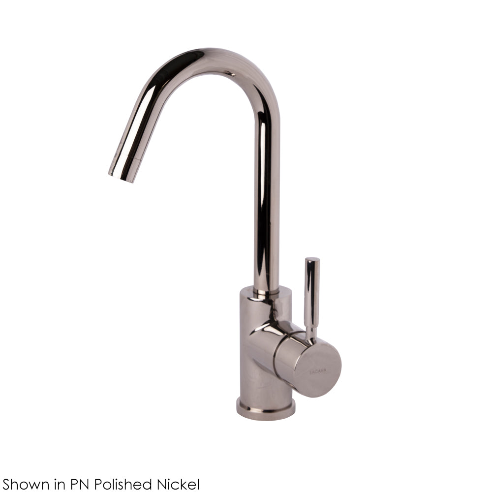 Deck-mount single-hole faucet with a goose-neck swiveling spout, one lever handle, and a pop-up drain. 5 1/4" spout projection. Water flow rate: 1 gpm pressure compensating aerator. - Maison&Co.