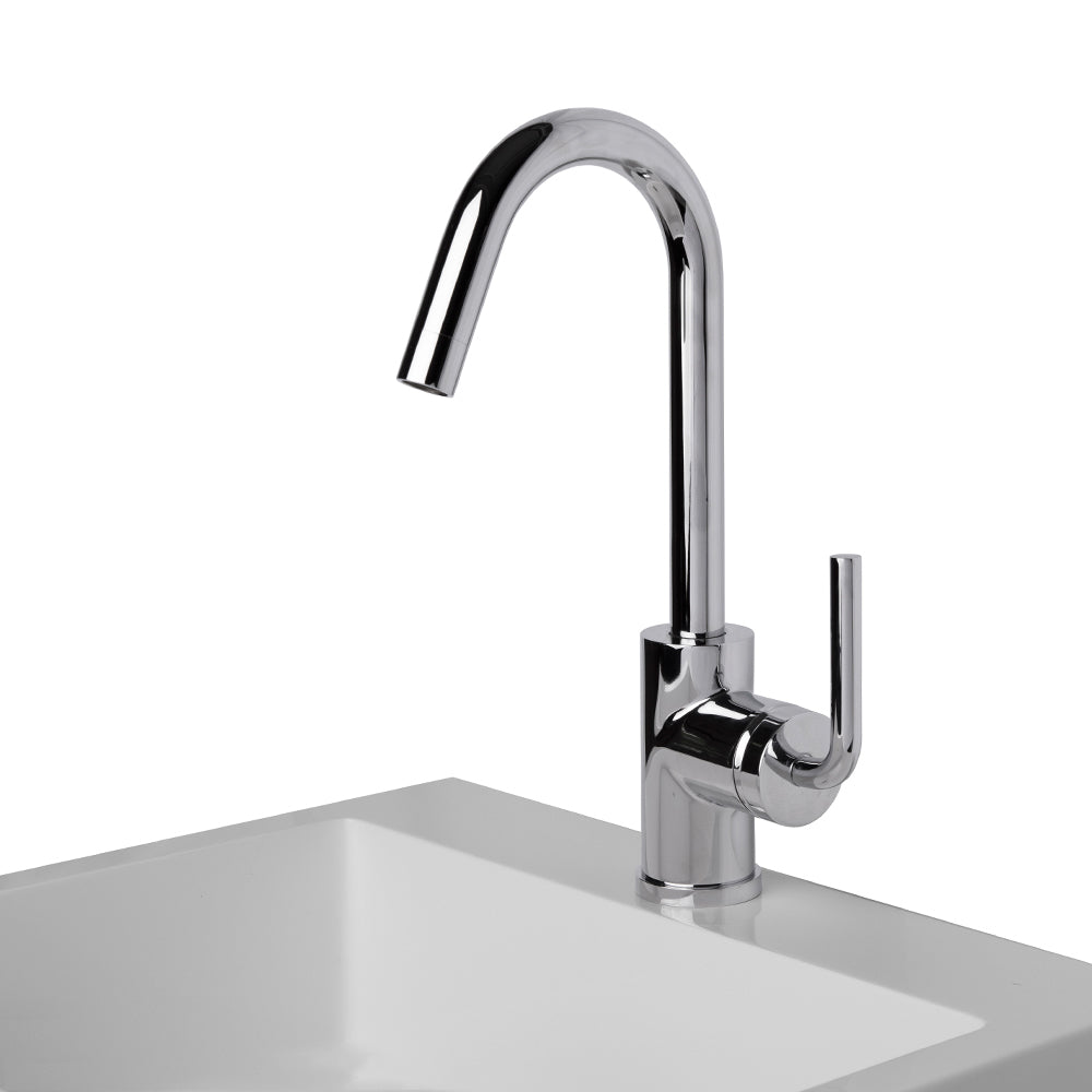 Deck-mount single-hole faucet with a goose-neck swiveling spout, one curved lever handle, and a pop-up drain. 5 1/4" spout projection. Water flow rate: 1.2 gpm pressure compensating aerator.