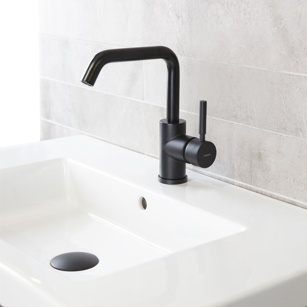 Deck-mount single-hole faucet with a squared-gooseneck swiveling spout, one lever handle, and a pop-up drain. 6 3/4" spout projection. Water flow rate: 1.2 gpm pressure compensating aerator.