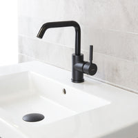 Deck-mount single-hole faucet with a squared-gooseneck swiveling spout, one lever handle, and a pop-up drain. 6 3/4" spout projection. Water flow rate: 1.2 gpm pressure compensating aerator. - Maison&Co.