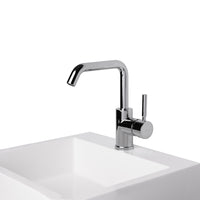 Deck-mount single-hole faucet with a squared-gooseneck swiveling spout, one lever handle, and a pop-up drain. 6 3/4" spout projection. Water flow rate: 1.2 gpm pressure compensating aerator. - Maison&Co.