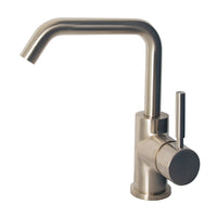 Deck-mount single-hole faucet with a squared-gooseneck swiveling spout, one lever handle, and a pop-up drain. 6 3/4" spout projection. Water flow rate: 1.2 gpm pressure compensating aerator. - Maison&Co.