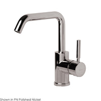 Deck-mount single-hole faucet with a squared-gooseneck swiveling spout, one lever handle, and a pop-up drain. 6 3/4" spout projection. Water flow rate: 1.2 gpm pressure compensating aerator. - Maison&Co.