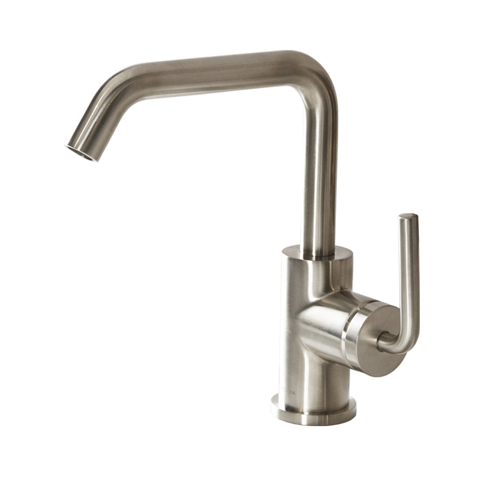 Deck-mount single-hole faucet with a squared-gooseneck swiveling spout, one curved lever handle, and a pop-up drain. 6 3/4" spout projection. Water flow rate: 1.2 gpm pressure compensating aerator.