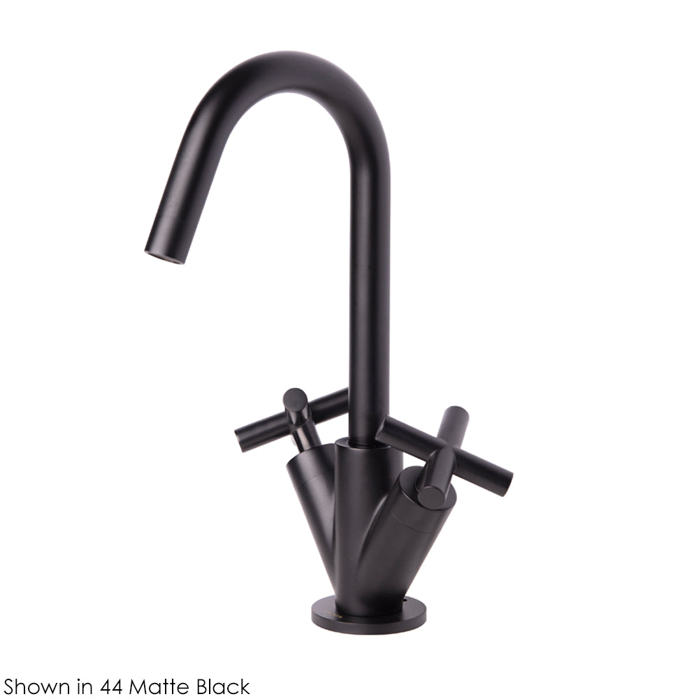 Deck-mount single-hole faucet with a goose-neck swiveling spout, two cross handles, and a pop-up drain. Water flow rate: 1 gpm pressure compensating aerator.