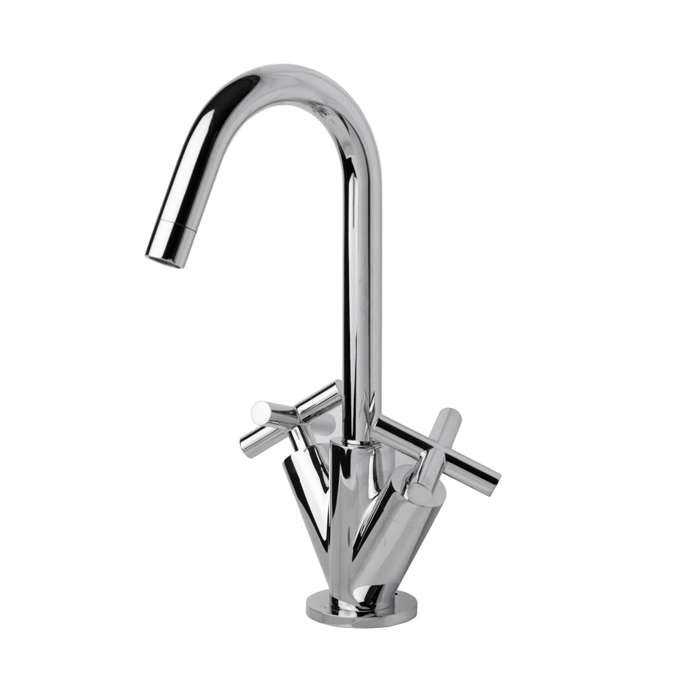 Deck-mount single-hole faucet with a goose-neck swiveling spout, two cross handles, and a pop-up drain. Water flow rate: 1 gpm pressure compensating aerator.