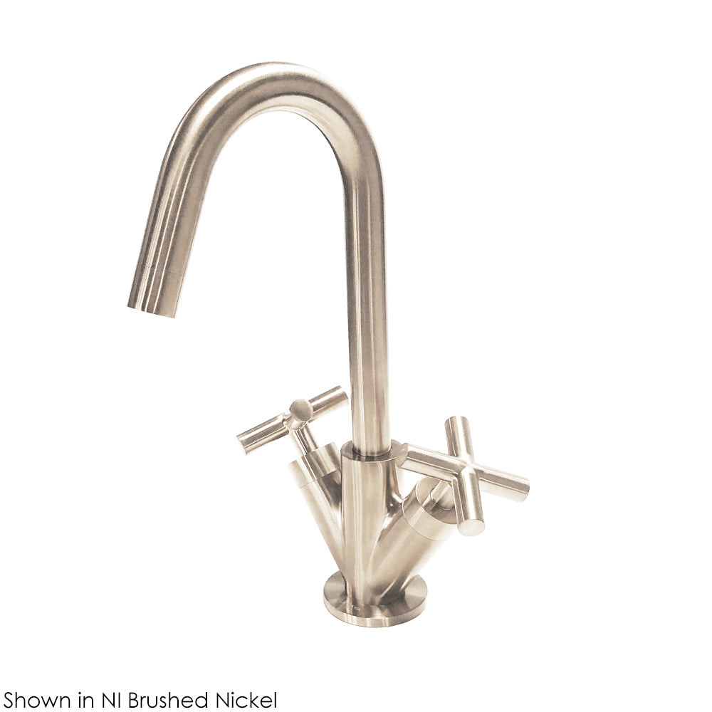 Deck-mount single-hole faucet with a goose-neck swiveling spout, two cross handles, and a pop-up drain. Water flow rate: 1 gpm pressure compensating aerator.