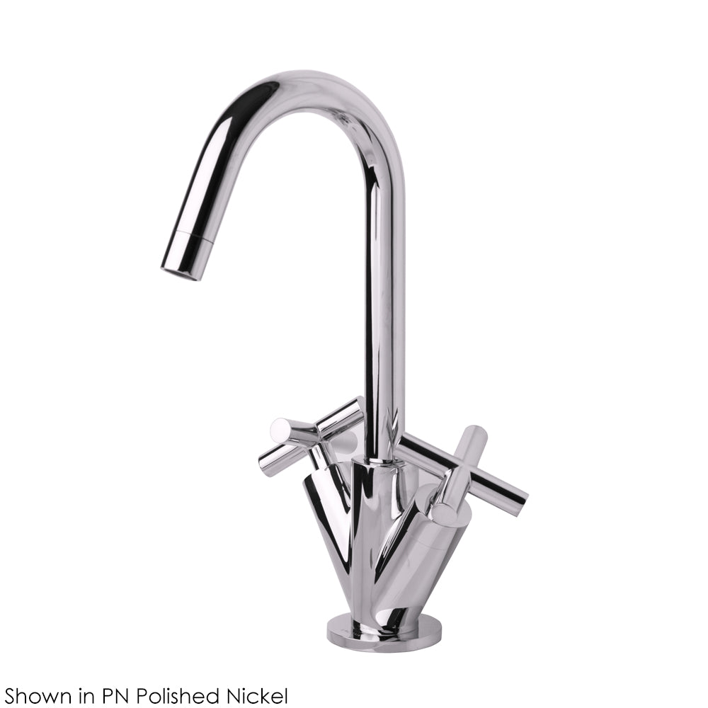 Deck-mount single-hole faucet with a goose-neck swiveling spout, two cross handles, and a pop-up drain. Water flow rate: 1 gpm pressure compensating aerator.