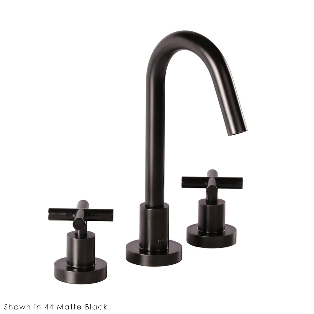 Deck-mount three-hole faucet with a goose-neck swiveling spout, two cross handles, and a pop-up drain. Water flow rate: 1 gpm pressure compensating aerator.
