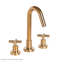 Deck-mount three-hole faucet with a goose-neck swiveling spout, two cross handles, and a pop-up drain. Water flow rate: 1 gpm pressure compensating aerator. - Maison&Co.