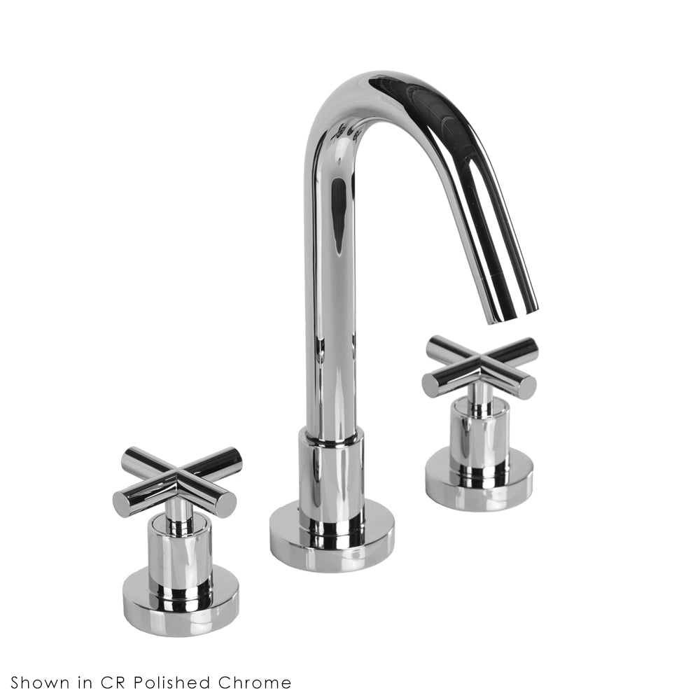 Deck-mount three-hole faucet with a goose-neck swiveling spout, two cross handles, and a pop-up drain. Water flow rate: 1 gpm pressure compensating aerator. - Maison&Co.