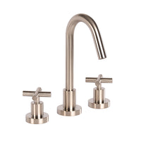 Deck-mount three-hole faucet with a goose-neck swiveling spout, two cross handles, and a pop-up drain. Water flow rate: 1 gpm pressure compensating aerator. - Maison&Co.