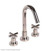 Deck-mount three-hole faucet with a goose-neck swiveling spout, two cross handles, and a pop-up drain. Water flow rate: 1 gpm pressure compensating aerator. - Maison&Co.