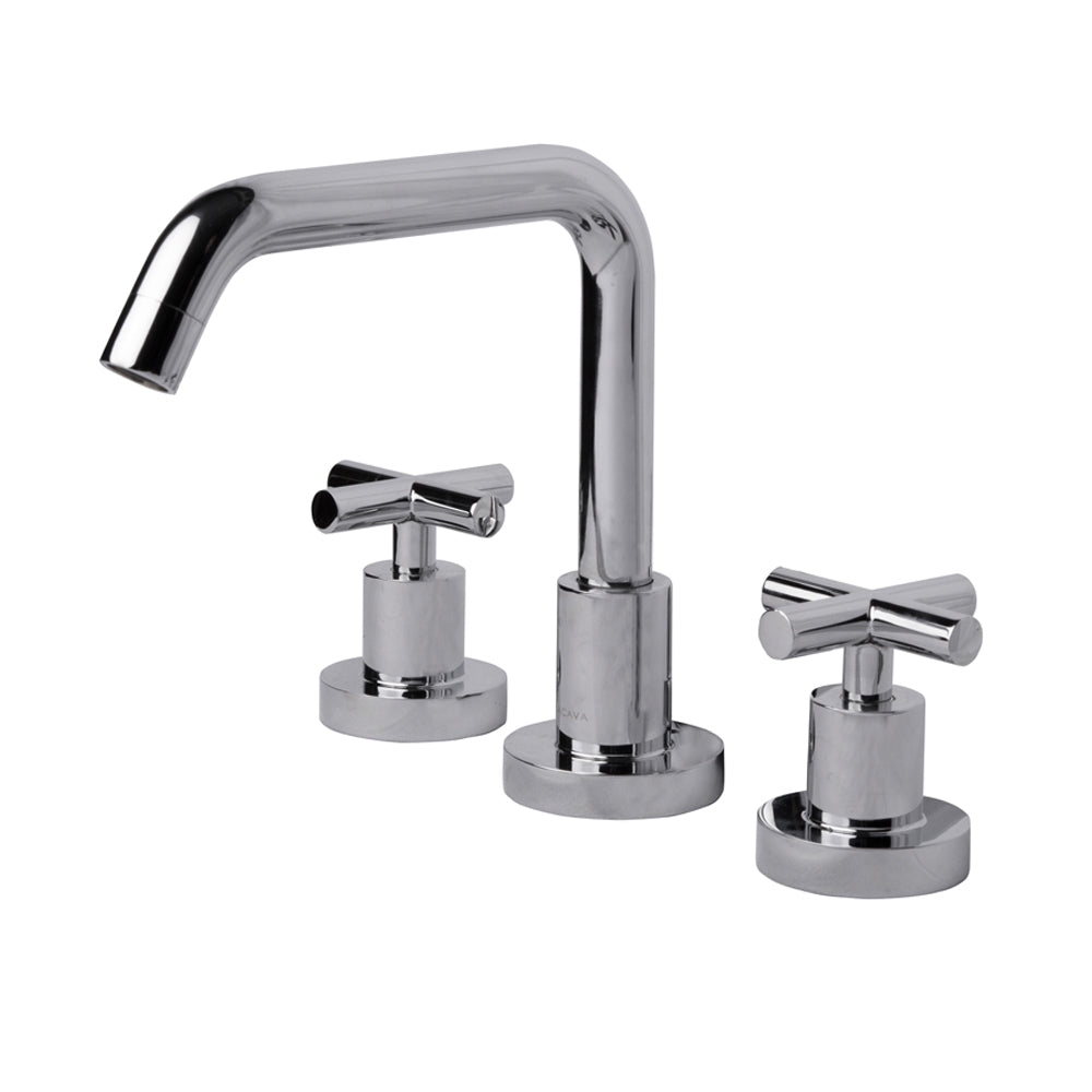 Deck-mount three-hole faucet with a squared-gooseneck swiveling spout, two cross handles, and a pop-up drain. Water flow rate: 1 gpm pressure compensating aerator.