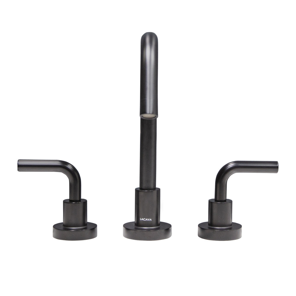 Deck-mount three-hole faucet with a gooseneck swiveling spout, two curved lever handles, and a pop-up drain. Water flow rate: 1.2 gpm pressure compensating aerator.