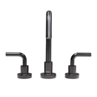 Deck-mount three-hole faucet with a gooseneck swiveling spout, two curved lever handles, and a pop-up drain. Water flow rate: 1.2 gpm pressure compensating aerator. - Maison&Co.