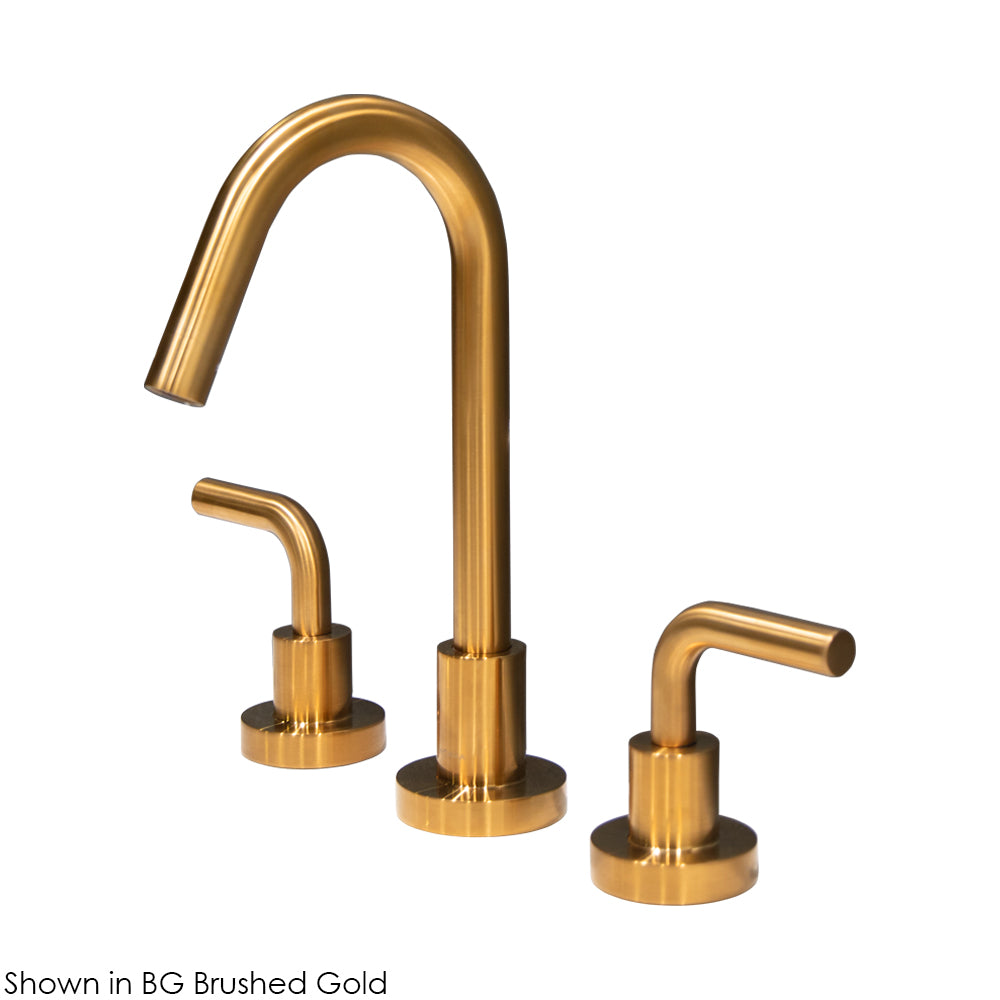 Deck-mount three-hole faucet with a gooseneck swiveling spout, two curved lever handles, and a pop-up drain. Water flow rate: 1.2 gpm pressure compensating aerator.