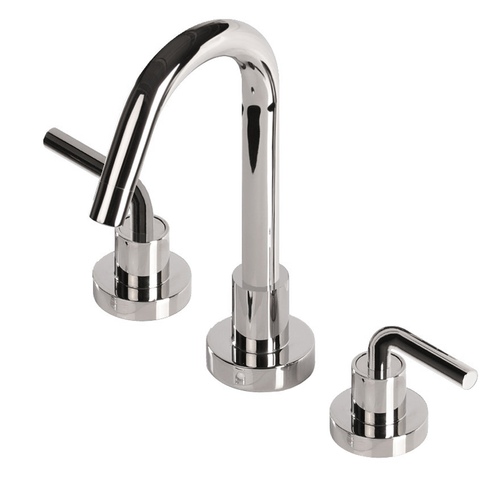 Deck-mount three-hole faucet with a gooseneck swiveling spout, two curved lever handles, and a pop-up drain. Water flow rate: 1.2 gpm pressure compensating aerator. - Maison&Co.