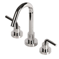 Deck-mount three-hole faucet with a gooseneck swiveling spout, two curved lever handles, and a pop-up drain. Water flow rate: 1.2 gpm pressure compensating aerator. - Maison&Co.