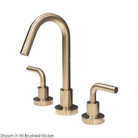 Deck-mount three-hole faucet with a gooseneck swiveling spout, two curved lever handles, and a pop-up drain. Water flow rate: 1.2 gpm pressure compensating aerator. - Maison&Co.