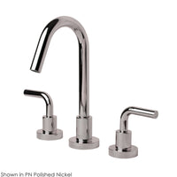 Deck-mount three-hole faucet with a gooseneck swiveling spout, two curved lever handles, and a pop-up drain. Water flow rate: 1.2 gpm pressure compensating aerator. - Maison&Co.