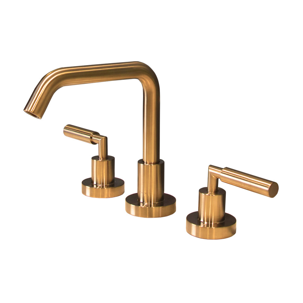 Deck-mount three-hole faucet with a square-neck swiveling spout, two lever handles, and a pop-up drain. Water flow rate: 1.2 gpm pressure compensating aerator.
