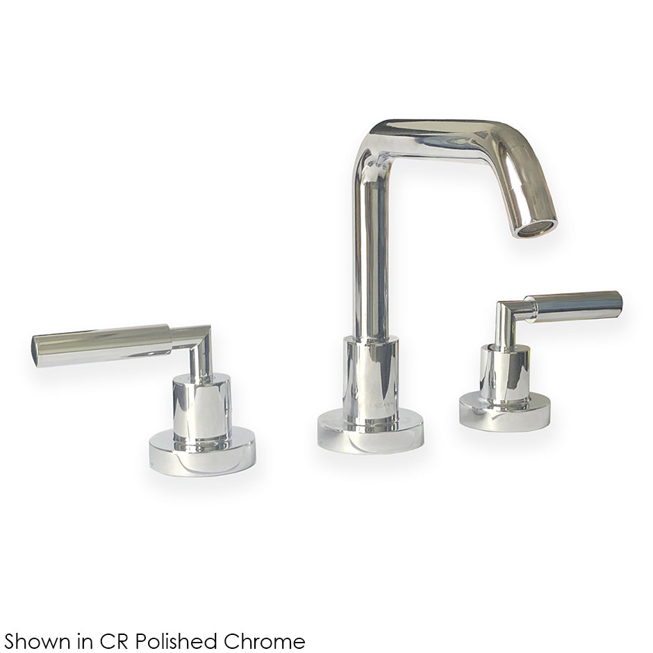 Deck-mount three-hole faucet with a square-neck swiveling spout, two lever handles, and a pop-up drain. Water flow rate: 1.2 gpm pressure compensating aerator.