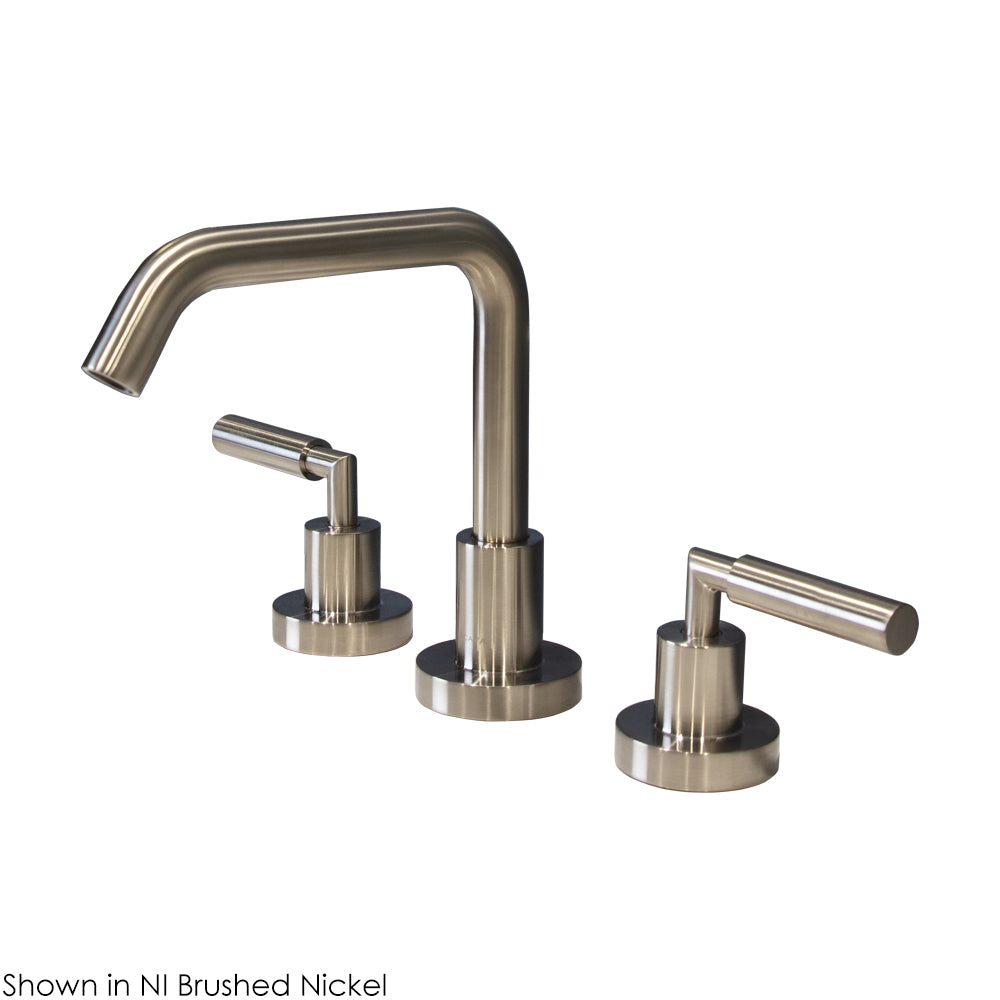 Deck-mount three-hole faucet with a square-neck swiveling spout, two lever handles, and a pop-up drain. Water flow rate: 1.2 gpm pressure compensating aerator.