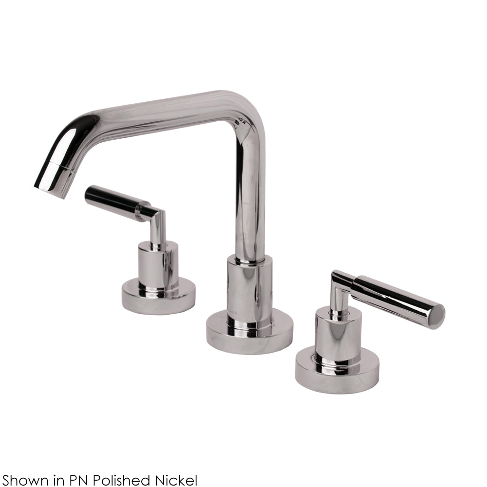 Deck-mount three-hole faucet with a square-neck swiveling spout, two lever handles, and a pop-up drain. Water flow rate: 1.2 gpm pressure compensating aerator.