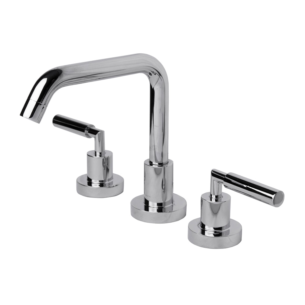 Deck-mount three-hole faucet with a squared-gooseneck swiveling spout, two lever handles, and a pop-up drain. Water flow rate: 1.2 gpm pressure compensating aerator.