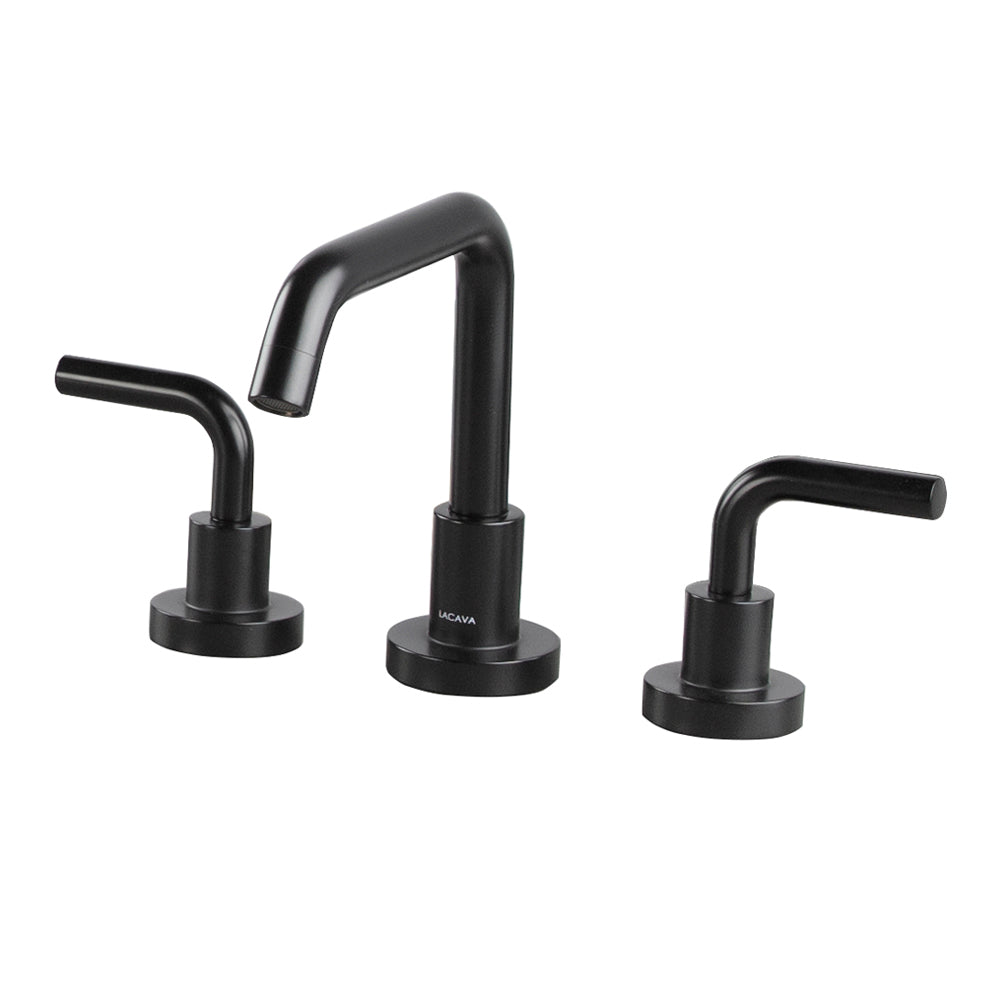 Deck-mount three-hole faucet with a squared-gooseneck swiveling spout, two curved lever handles, and a pop-up drain. Water flow rate: 1.2 gpm pressure compensating aerator.