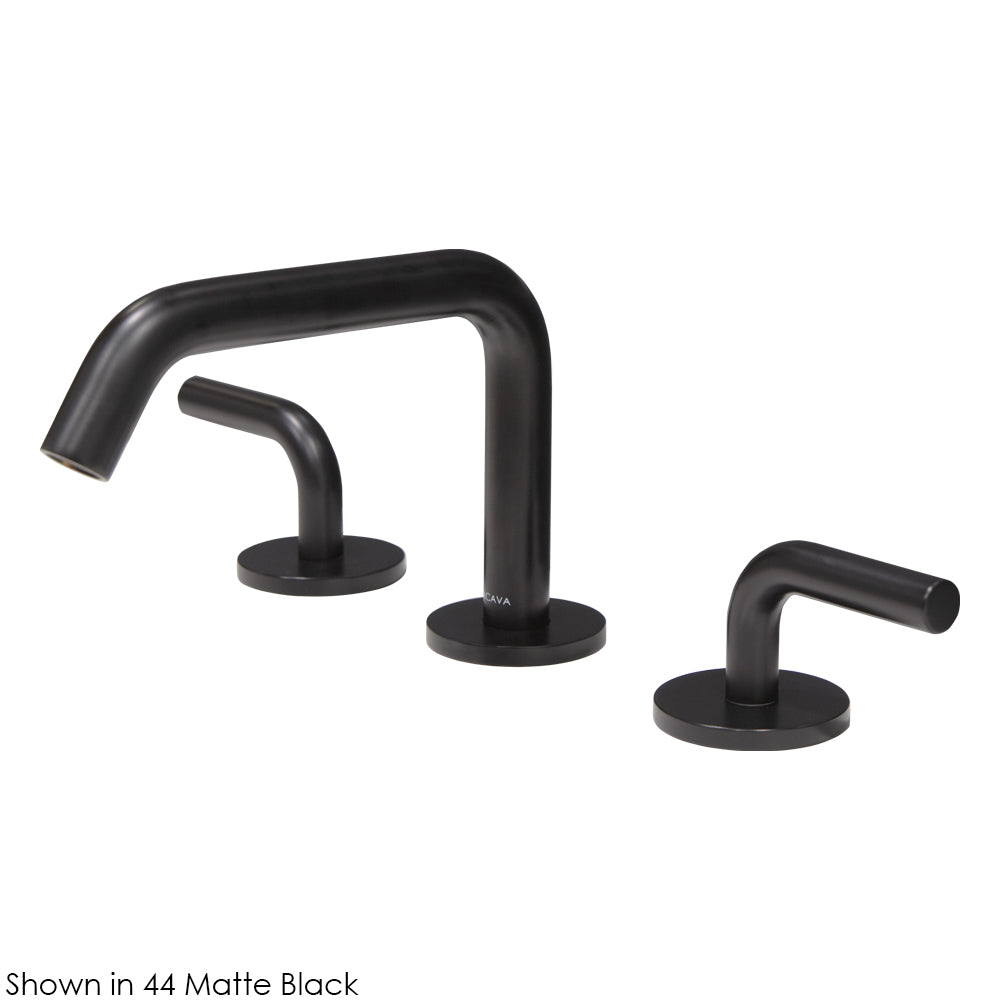 Deck-mount three-hole faucet with a squared-gooseneck swiveling spout, and a click clack drain two curved lever handles. Water flow rate: 1.2 gpm pressure compensating aerator.