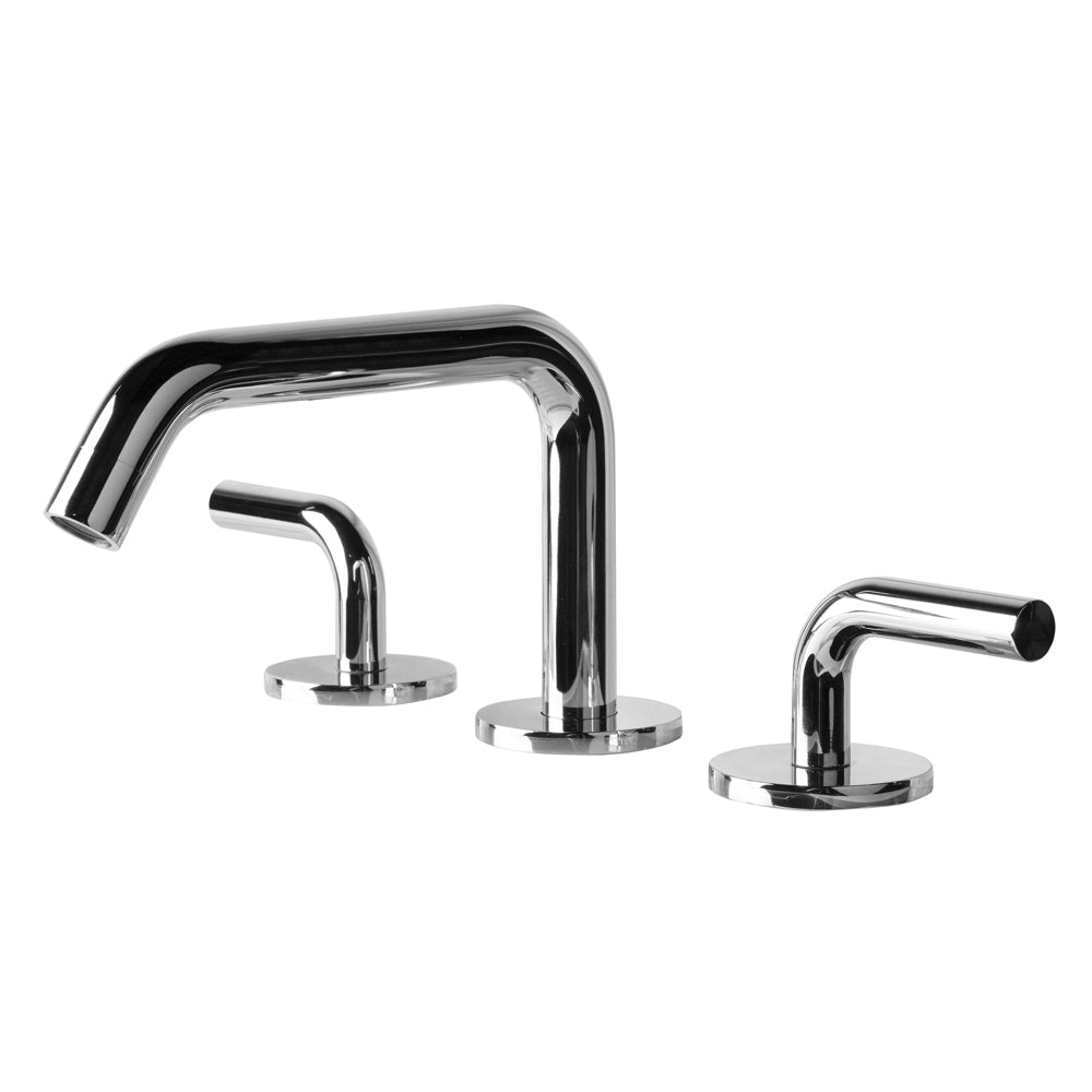 Deck-mount three-hole faucet with a squared-gooseneck swiveling spout, and a click clack drain two curved lever handles. Water flow rate: 1.2 gpm pressure compensating aerator. - Maison&Co.