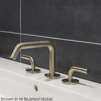 Deck-mount three-hole faucet with a squared-gooseneck swiveling spout, and a click clack drain two curved lever handles. Water flow rate: 1.2 gpm pressure compensating aerator. - Maison&Co.