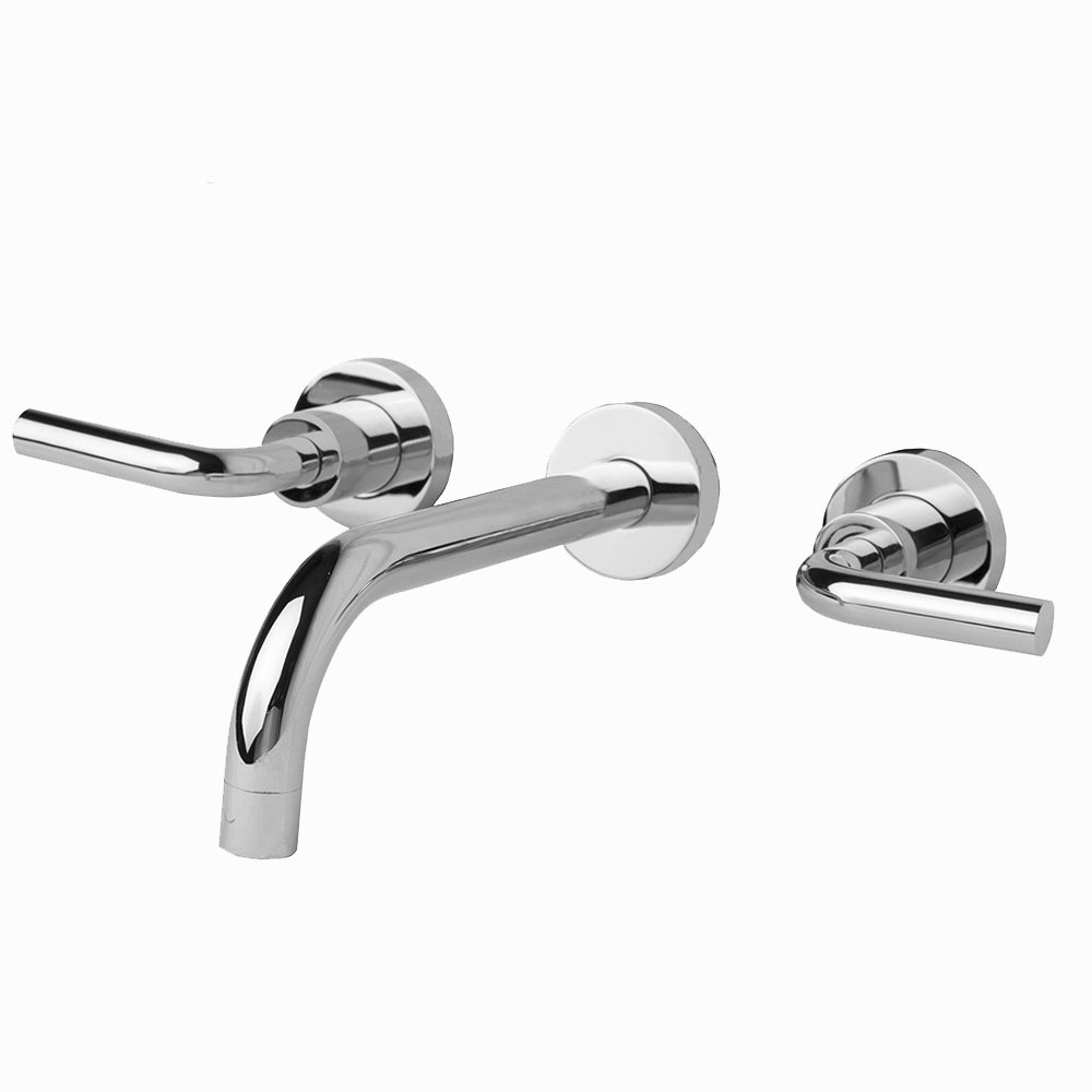 TRIM- Wall-mount three-hole faucet with two curved lever handles, no backplate, spout 6". Includes rough-in and trim. Water flow rate: 1 gpm pressure compensating aerator.