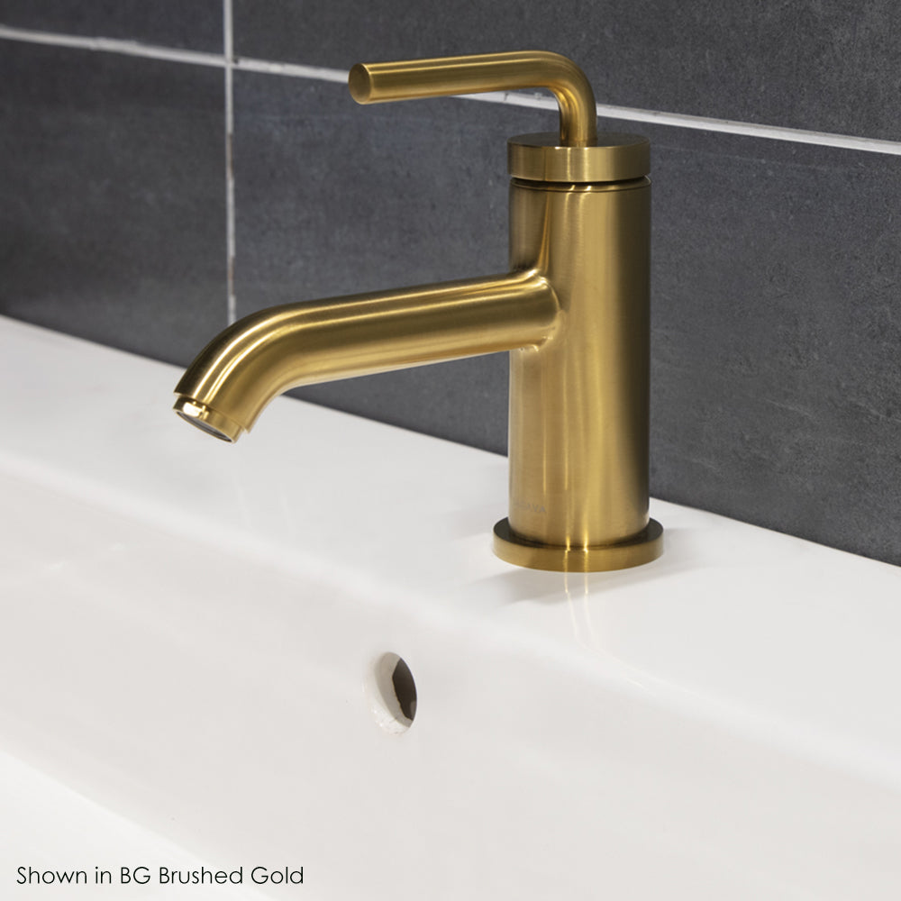 Deck-mount single-hole faucet with a pop-up and curved lever handle. Water flow rate: 1.2 gpm pressure compensating aerator,