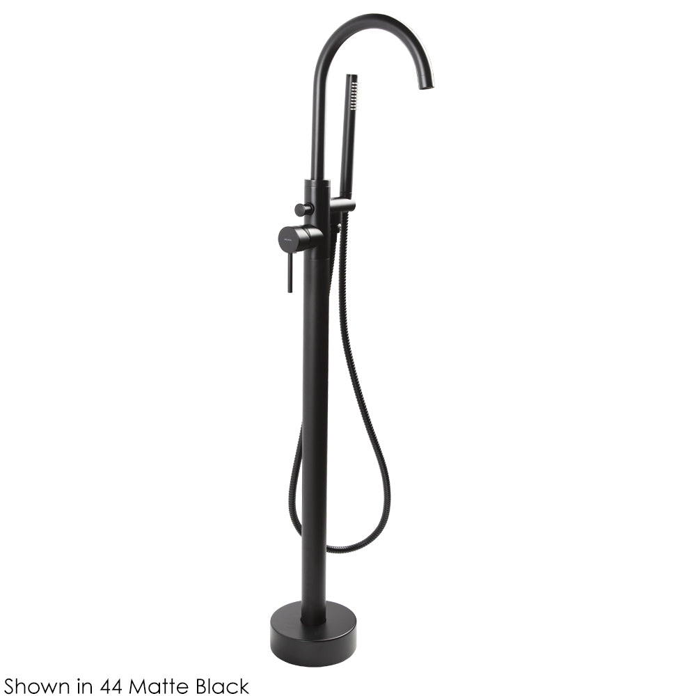 Floor-standing tub filler 37 1/4"H with one lever handle, two-way diverter, and hand-held shower with 59" flexible hose. Water flow rate: 7.2 gpm at 60 psi.