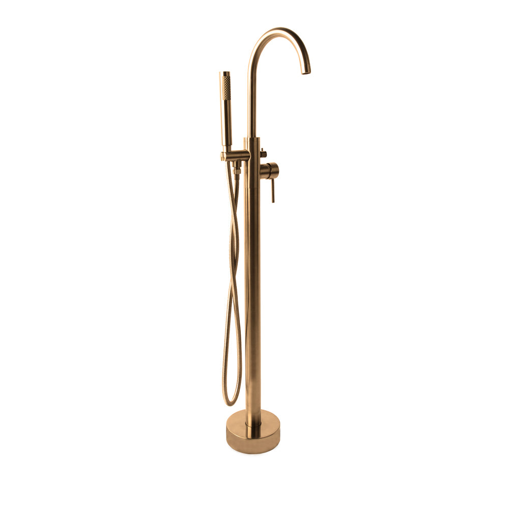 Floor-standing tub filler 37 1/4"H with one lever handle, two-way diverter, and hand-held shower with 59" flexible hose. Water flow rate: 7.2 gpm at 60 psi.