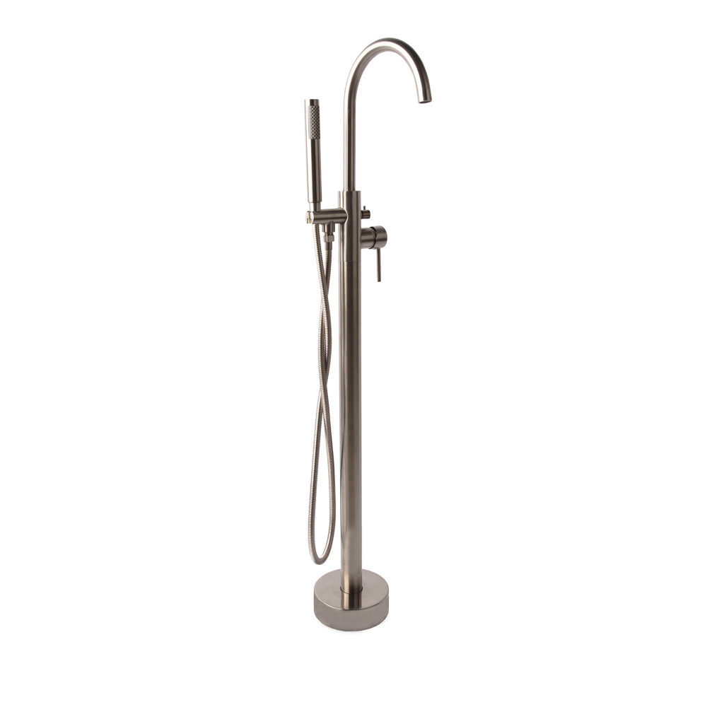 Floor-standing tub filler 37 1/4"H with one lever handle, two-way diverter, and hand-held shower with 59" flexible hose. Water flow rate: 7.2 gpm at 60 psi. - Maison&Co.